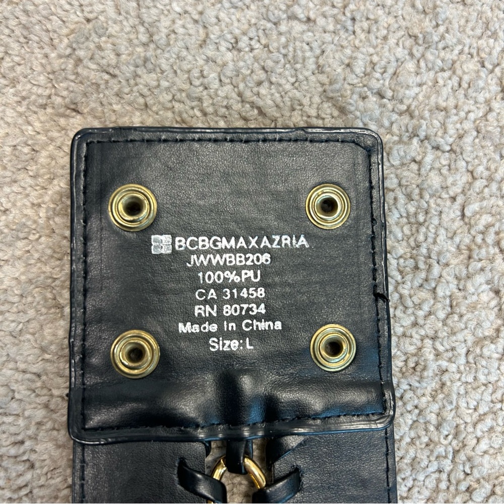 BCBGMAXAZRIA black faux leather wide waist belt gold-tone metal chain detail L - Picture 5 of 6